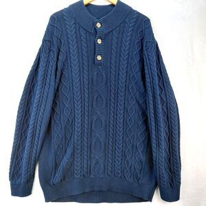 VTG LL Bean Cable Knit Fisherman Sweater Mens 2XL Blue Button Mock Neck Henley